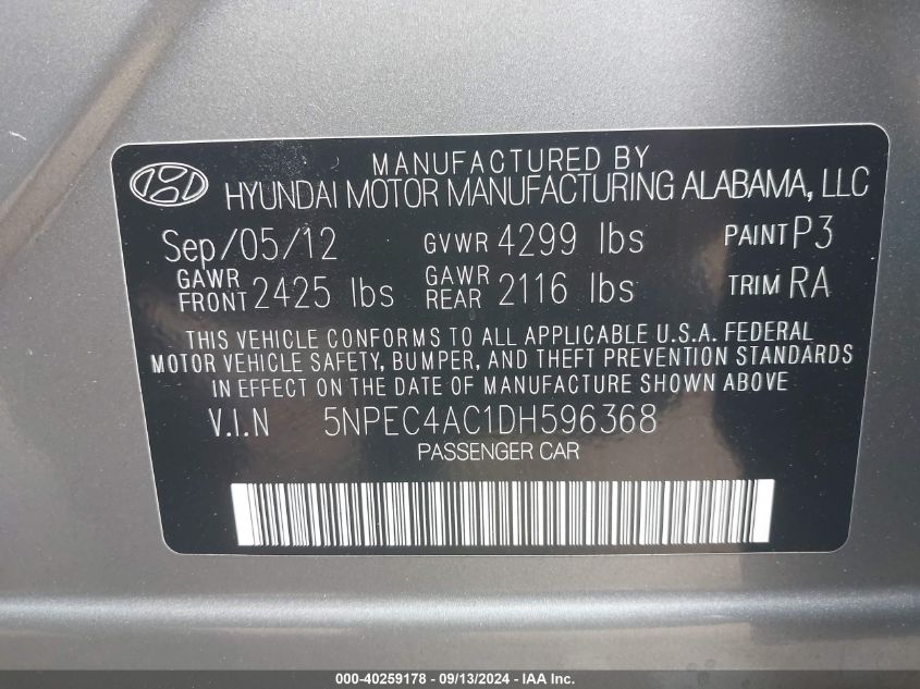 2013 Hyundai Sonata Limited VIN: 5NPEC4AC1DH596368 Lot: 40259178