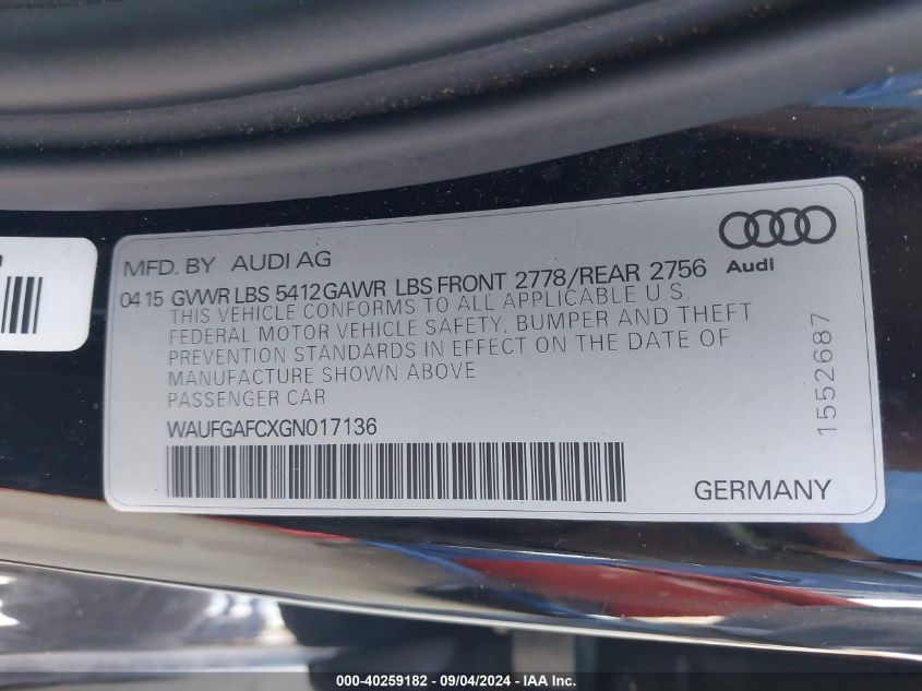 2016 Audi A6 3.0T Premium Plus VIN: WAUFGAFCXGN017136 Lot: 40259182