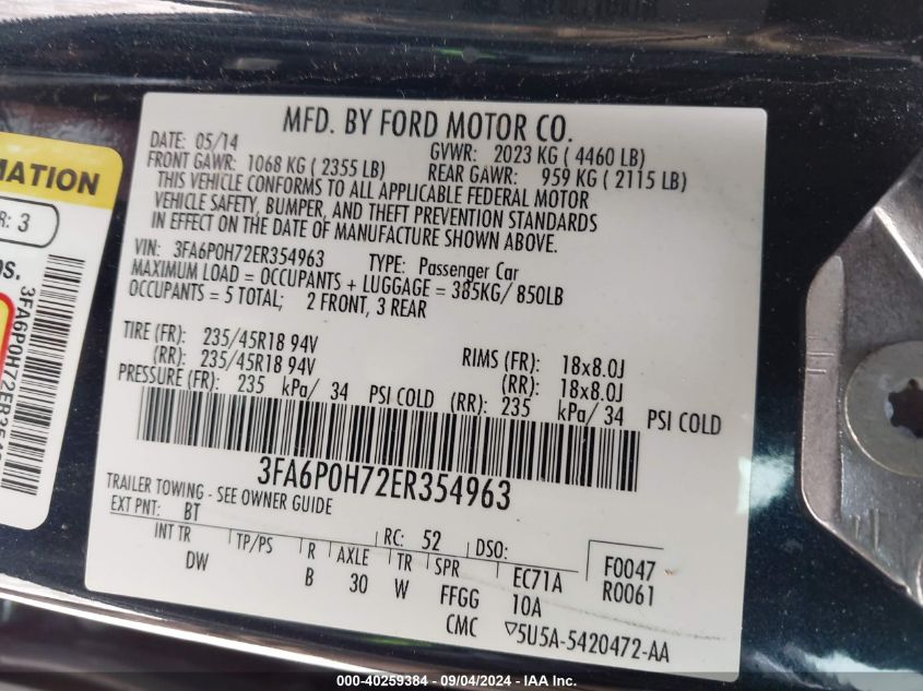 2014 FORD FUSION SE - 3FA6P0H72ER354963