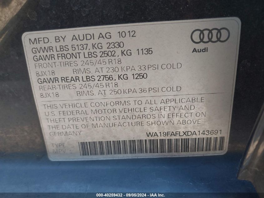 2013 Audi A4 Allroad Premium VIN: WA19FAFLXDA143691 Lot: 40259432