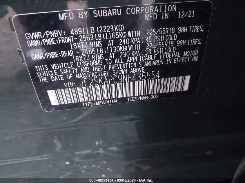 2022 Subaru Forester Limited VIN: JF2SKAPC9NH435554 Lot: 40259457