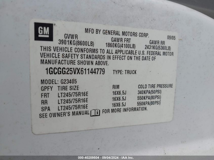 1GCGG25VX61144779 2006 Chevrolet Express Work Van