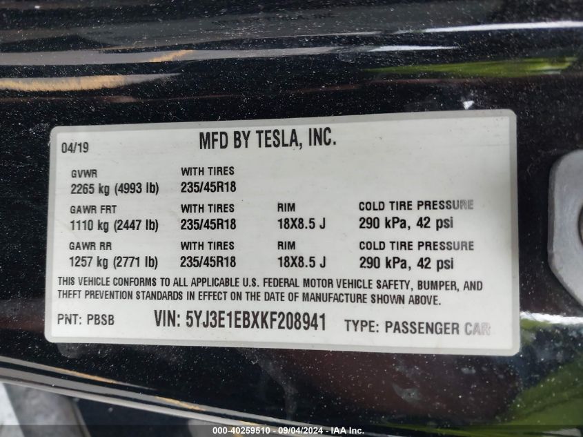 2019 Tesla Model 3 VIN: 5YJ3E1EBXKF208941 Lot: 40259510