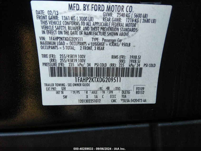 2013 Ford Taurus Sho VIN: 1FAHP2KTXDG209511 Lot: 40259533