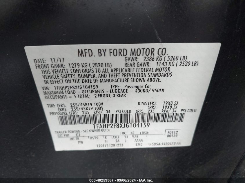 1FAHP2F8XJG104159 2018 Ford Taurus Limited