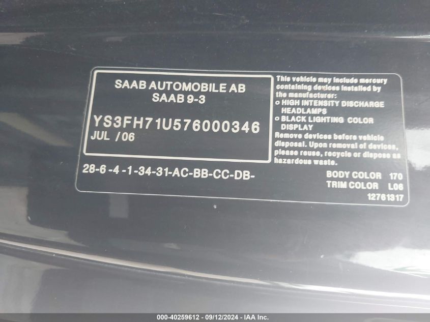 YS3FH71U576000346 2007 Saab 9-3 Aero