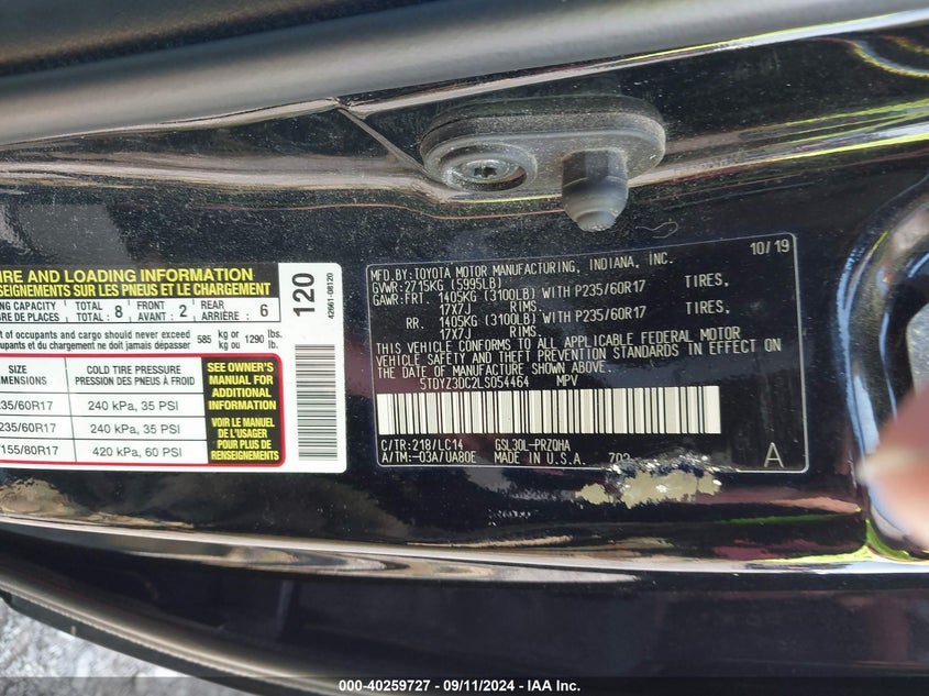 VIN 5TDYZ3DC2LS054464 2020 TOYOTA SIENNA XLE