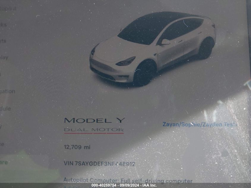 2022 Tesla Model Y Performance Dual Motor All-Wheel Drive VIN: 7SAYGDEF3NF448912 Lot: 40259754