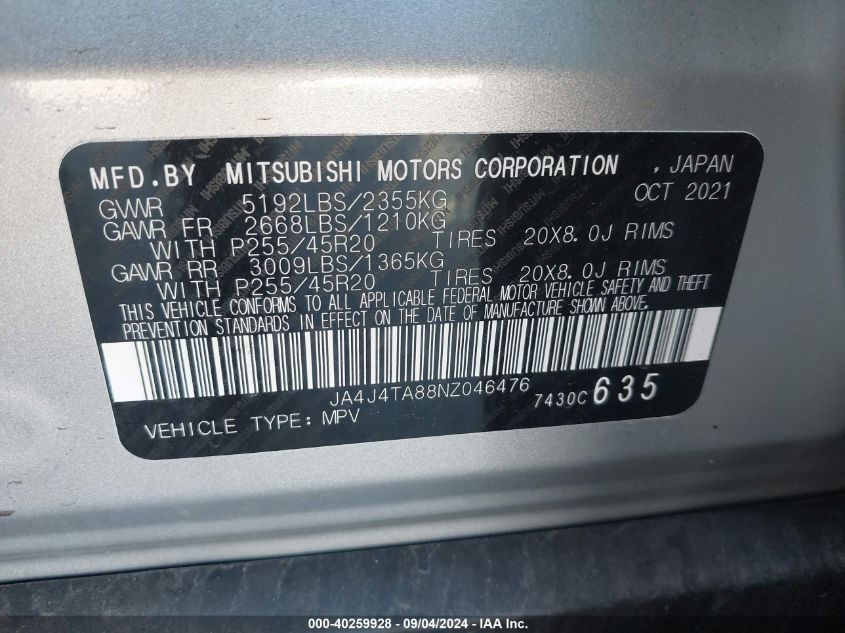 2022 Mitsubishi Outlander Es 2.5 S-Awc VIN: JA4J4TA88NZ046476 Lot: 40259928