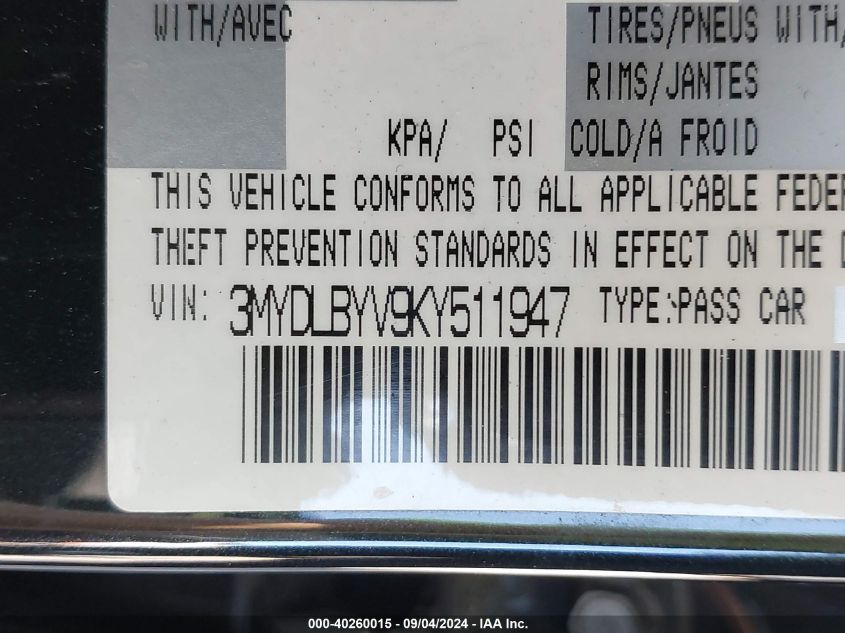 VIN 3MYDLBYV9KY511947 2019 TOYOTA YARIS LE