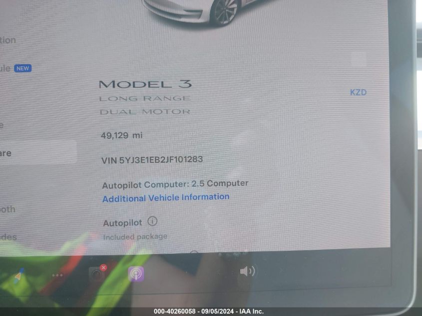 2018 Tesla Model 3 Long Range/Performance VIN: 5YJ3E1EB2JF101283 Lot: 40260058