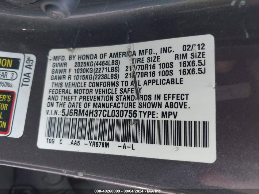 5J6RM4H37CL030756 2012 Honda Cr-V Lx