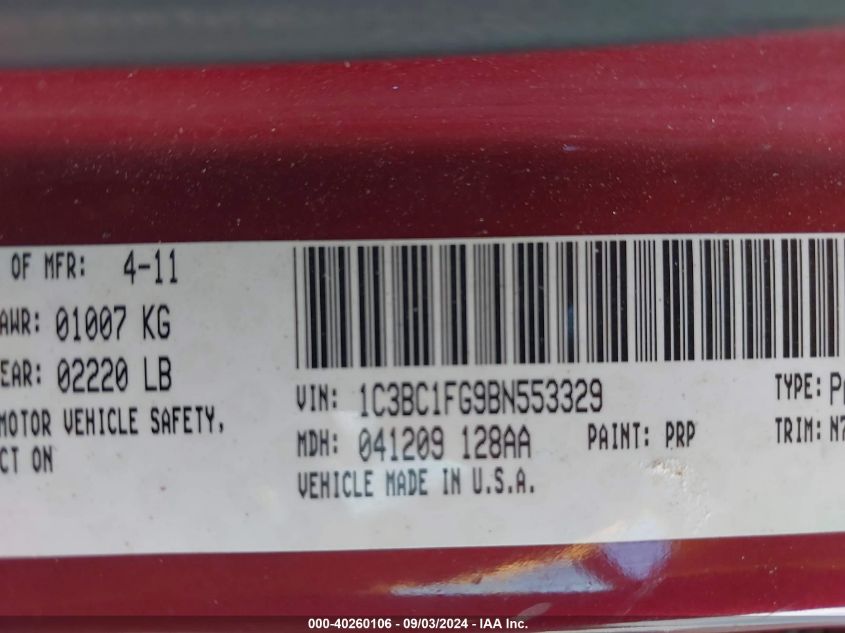 2011 Chrysler 200 Touring VIN: 1C3BC1FG9BN553329 Lot: 43274568