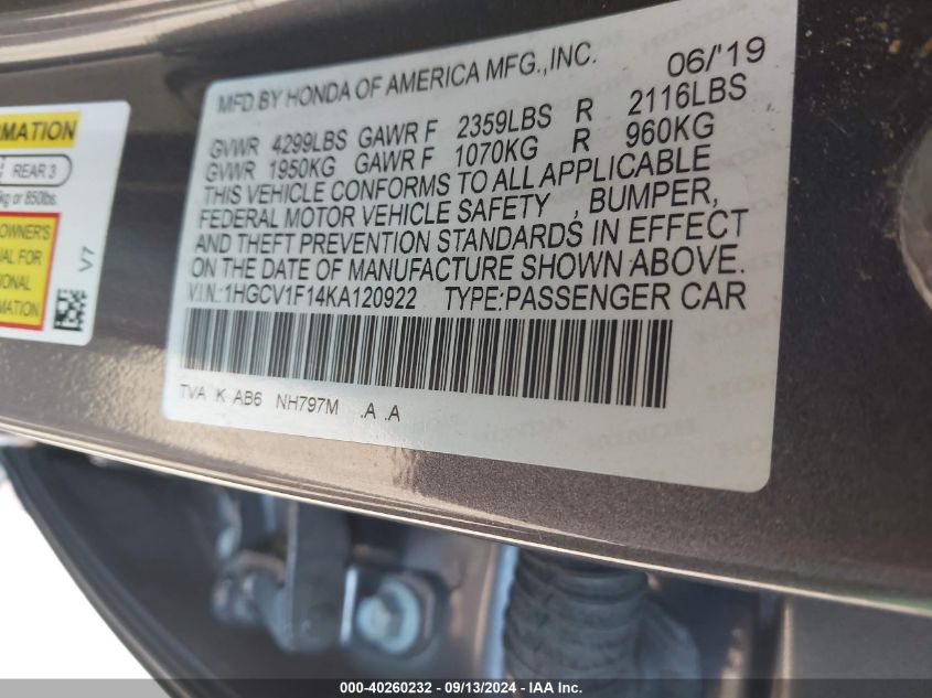 1HGCV1F14KA120922 2019 Honda Accord Lx