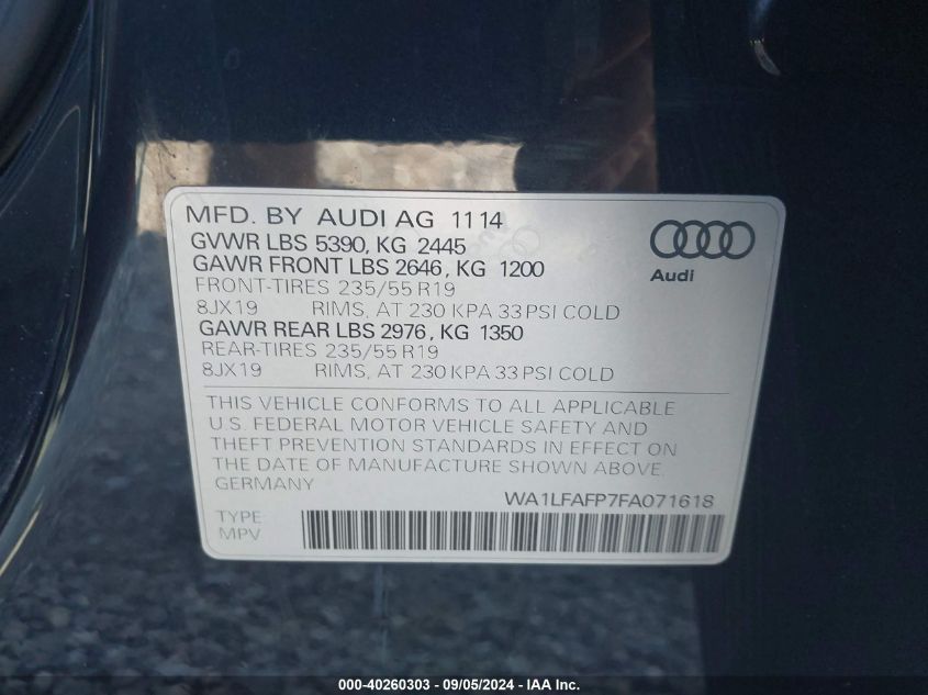 2015 Audi Q5 Premium Plus VIN: WA1LFAFP7FA071618 Lot: 40260303