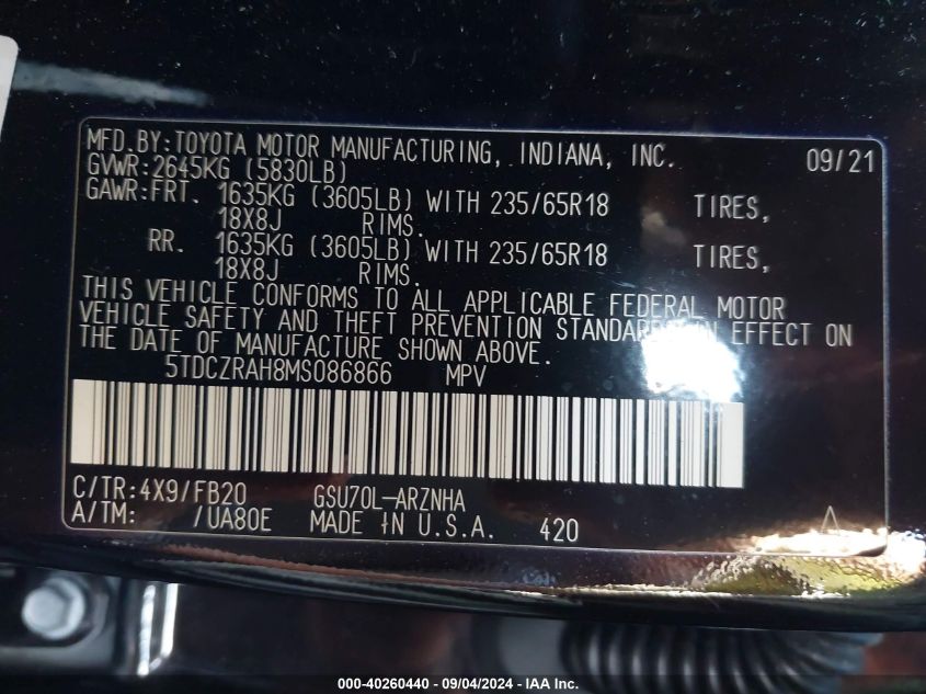 2021 TOYOTA HIGHLANDER L - 5TDCZRAH8MS086866