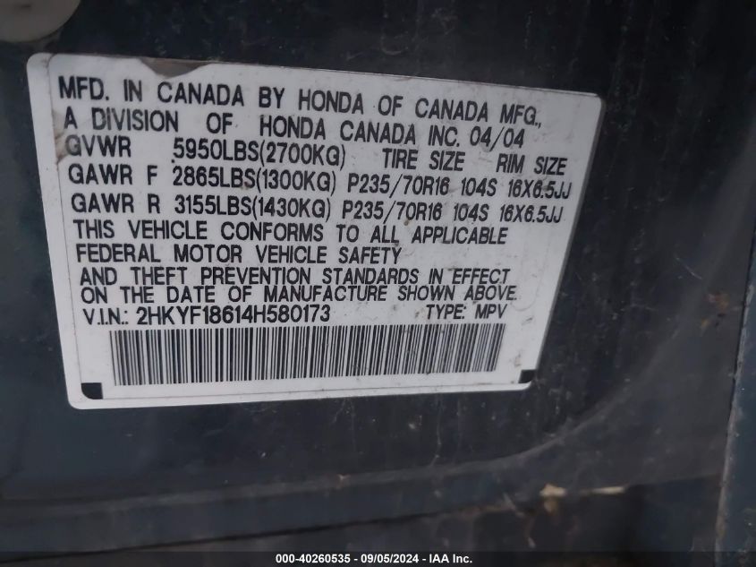 2004 Honda Pilot Ex-L VIN: 2HKYF18614H580173 Lot: 40260535