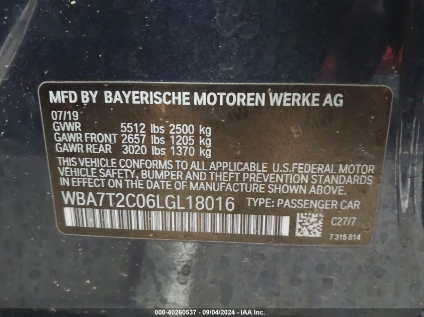 2020 BMW 740 I VIN: WBA7T2C06LGL18016 Lot: 40260537