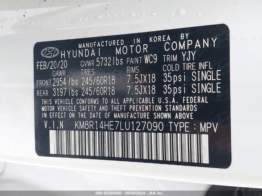 2020 Hyundai Palisade Se VIN: KM8R14HE7LU127090 Lot: 40260560