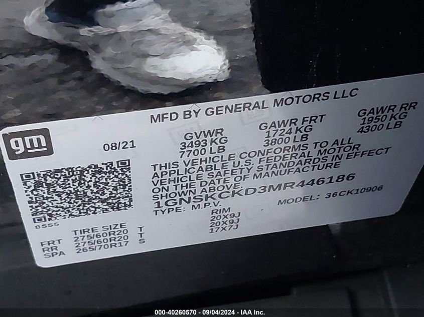 1GNSKCKD3MR446186 2021 Chevrolet Suburban K1500 Lt