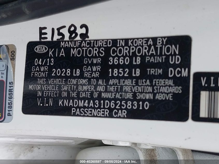 2013 Kia Rio Lx VIN: KNADM4A31D6258310 Lot: 40260587