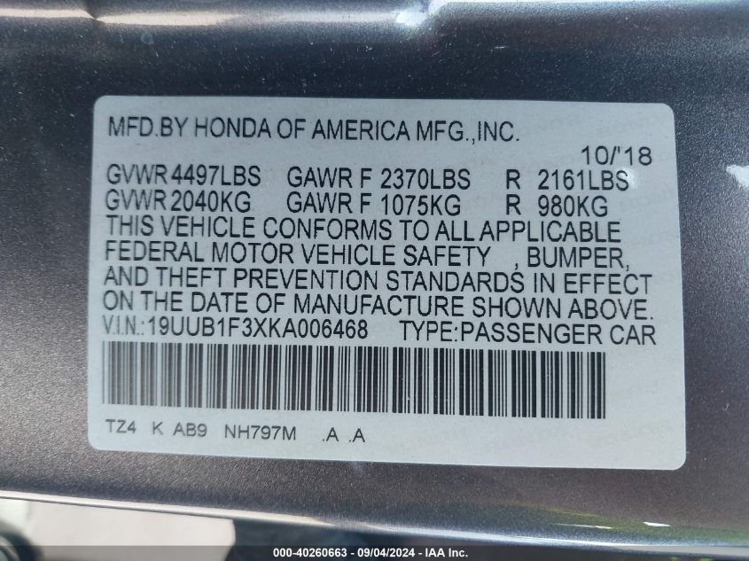 19UUB1F3XKA006468 2019 Acura Tlx