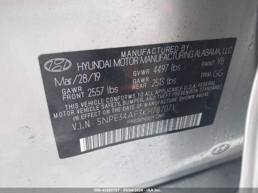 2019 Hyundai Sonata Limited/Sel/Sport VIN: 5NPE34AF3KH787071 Lot: 40260707