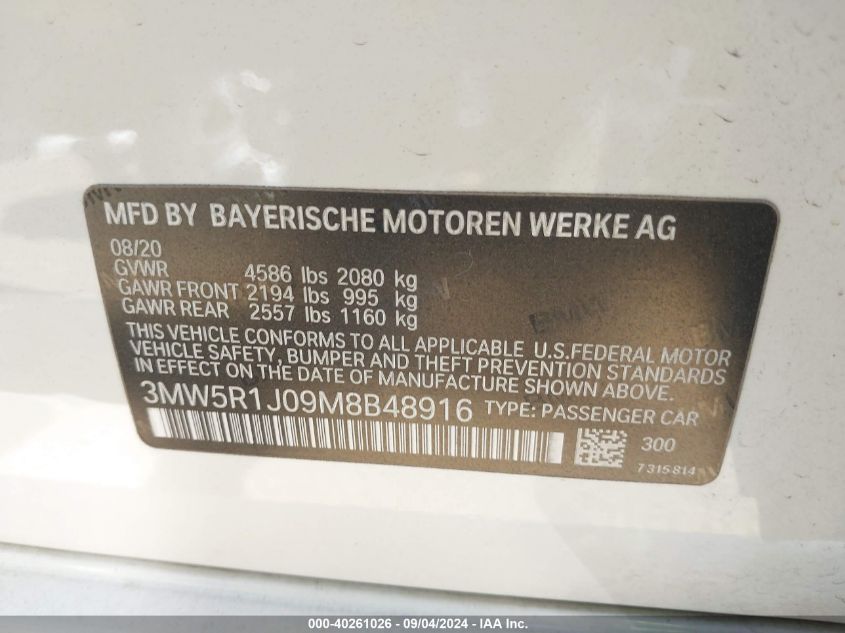 2021 BMW 330I VIN: 3MW5R1J09M8B48916 Lot: 40261026