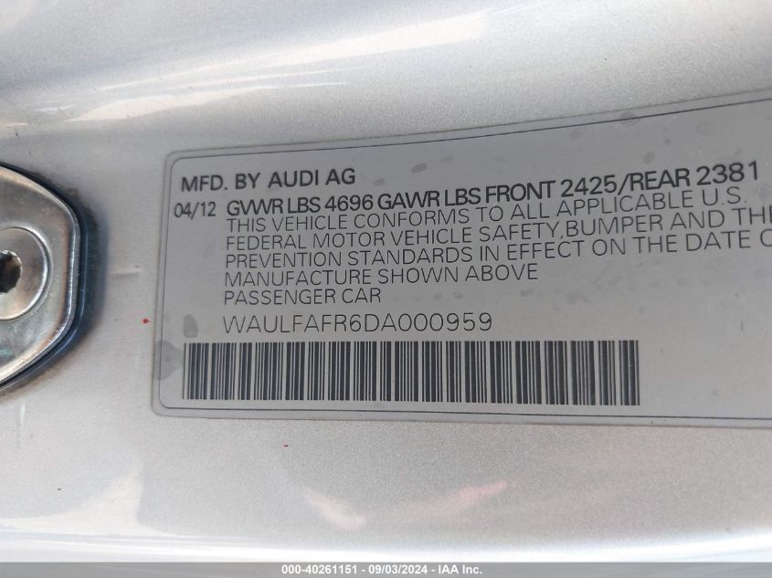 2013 Audi A5 2.0T Premium VIN: WAULFAFR6DA000959 Lot: 40261151