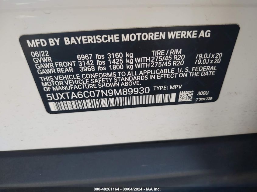 2022 BMW X5 Phev xDrive45E VIN: 5UXTA6C07N9M89930 Lot: 40261164