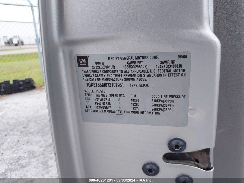 2007 GMC Envoy Denali VIN: 1GKET63M872107931 Lot: 40261291