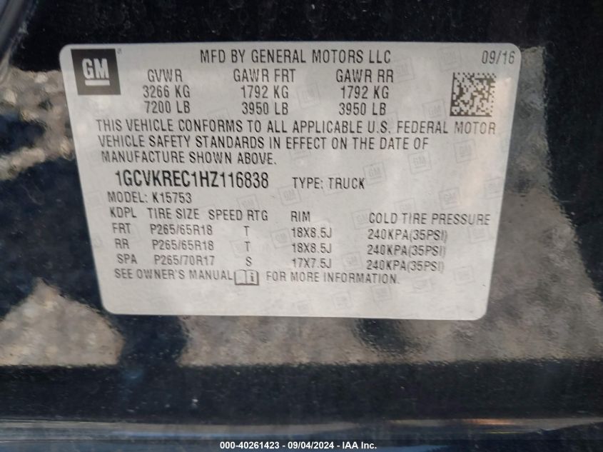 1GCVKREC1HZ116838 2017 Chevrolet Silverado 1500 2Lt