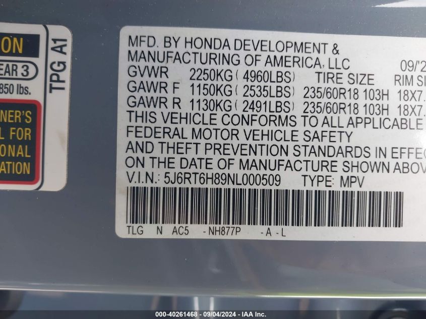 2022 Honda Cr-V Hybrid Ex-L VIN: 5J6RT6H89NL000509 Lot: 40261468