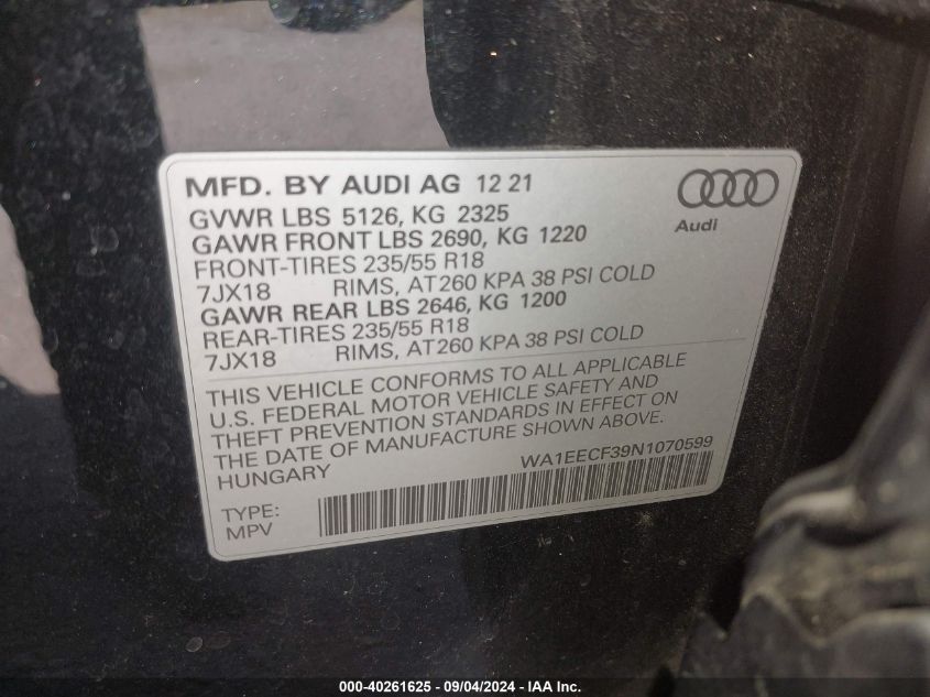 WA1EECF39N1070599 2022 Audi Q3 Premium Plus 45 Tfsi S Line Quattro Tiptronic