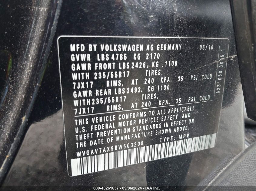 WVGAV7AX9BW503208 2011 Volkswagen Tiguan Se