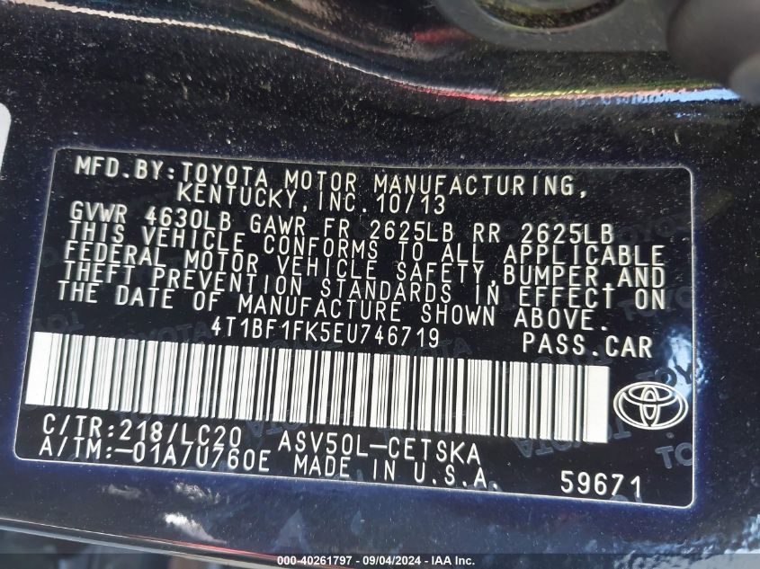 2014 Toyota Camry Se VIN: 4T1BF1FK5EU746719 Lot: 40261797