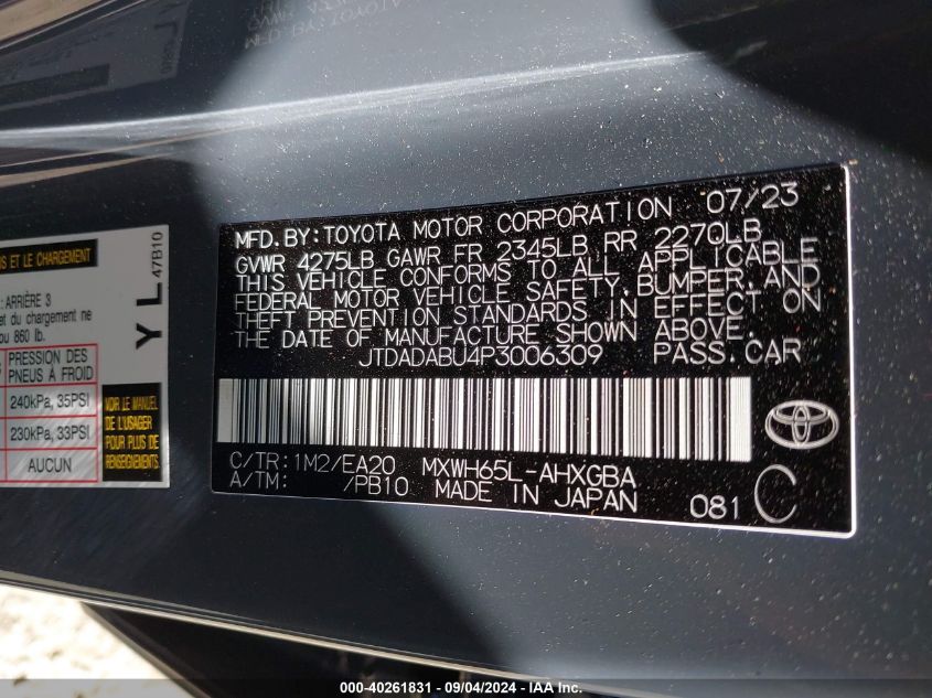 2023 Toyota Prius Xle Awd-E VIN: JTDADABU4P3006309 Lot: 40261831