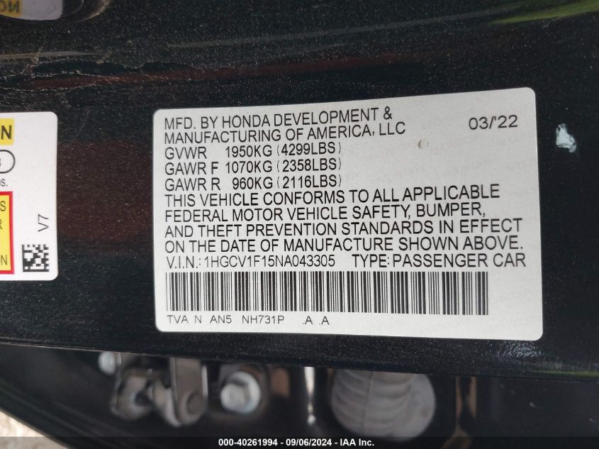 2022 Honda Accord Lx VIN: 1HGCV1F15NA043305 Lot: 40261994