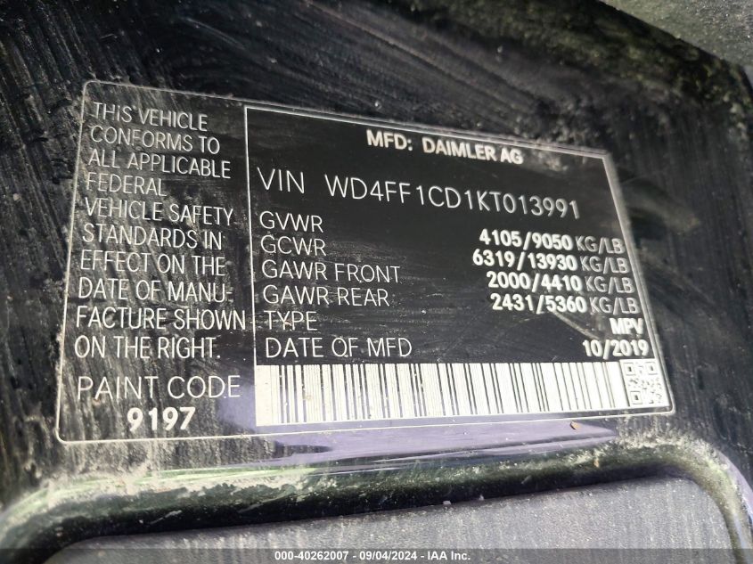 VIN WD4FF1CD1KT013991 2019 Mercedes-Benz Sprinter 2... no.9