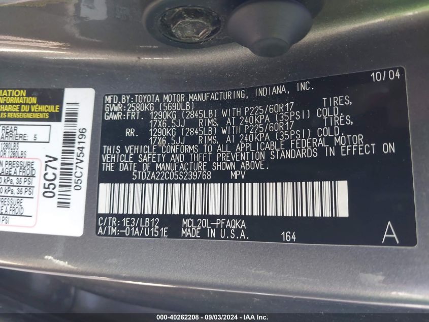 5TDZA22C05S239768 2005 Toyota Sienna Xle Limited