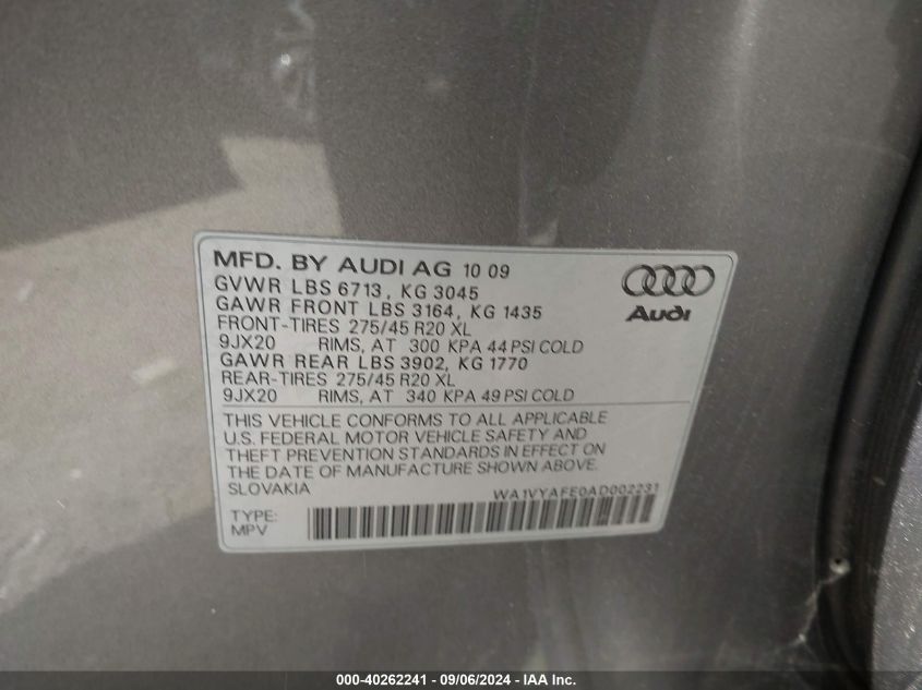 WA1VYAFE0AD002231 2010 Audi Q7 3.6 Premium