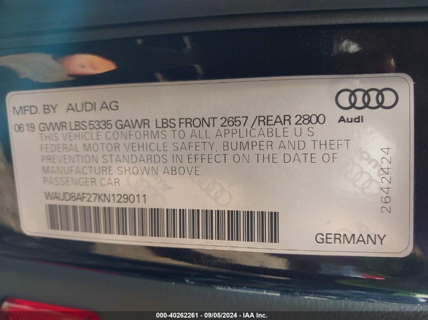 2019 Audi A6 45 Premium VIN: WAUD8AF27KN129011 Lot: 40262261