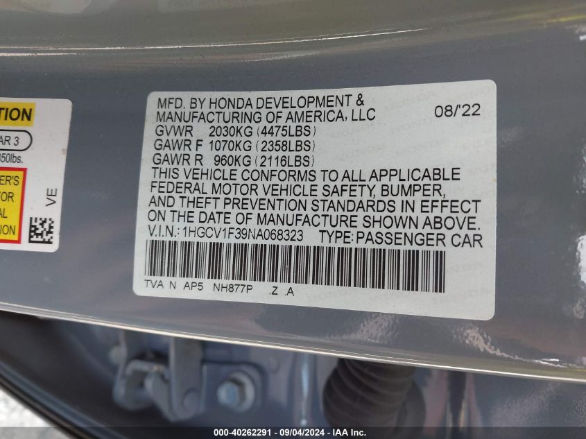 2022 Honda Accord Sport VIN: 1HGCV1F39NA068323 Lot: 40262291