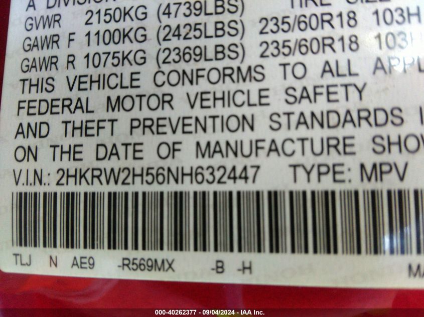 2022 HONDA CR-V AWD EX - 2HKRW2H56NH632447