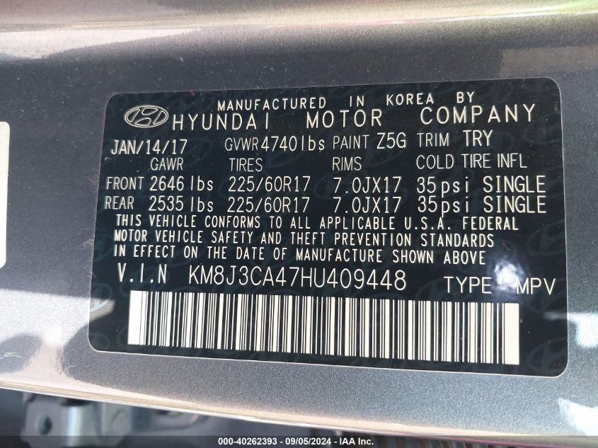 KM8J3CA47HU409448 2017 Hyundai Tucson Limited/Sport And Eco/Se