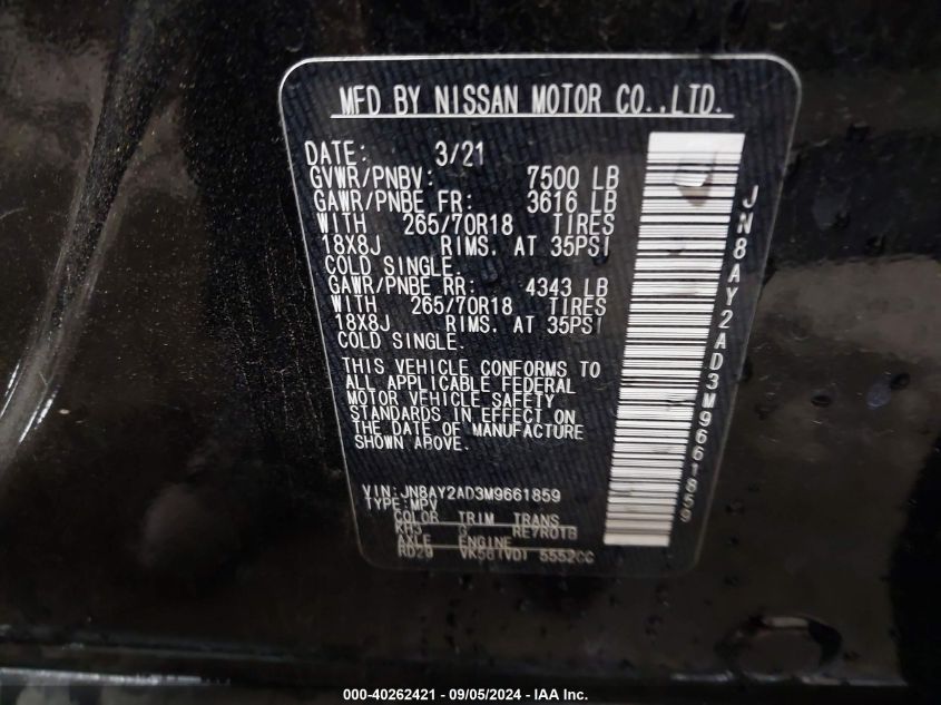 JN8AY2AD3M9661859 2021 Nissan Armada Sv