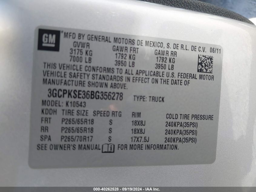 3GCPKSE36BG356278 2011 Chevrolet Silverado 1500 Lt