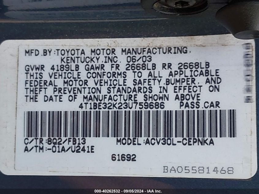 4T1BE32K23U759686 2003 Toyota Camry Le/Xle/Se