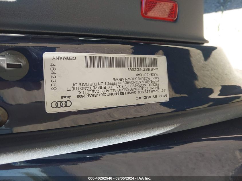 2022 Audi A6 Premium Plus 45 Tfsi Quattro S Tronic VIN: WAUE3BF27NN023638 Lot: 40262546