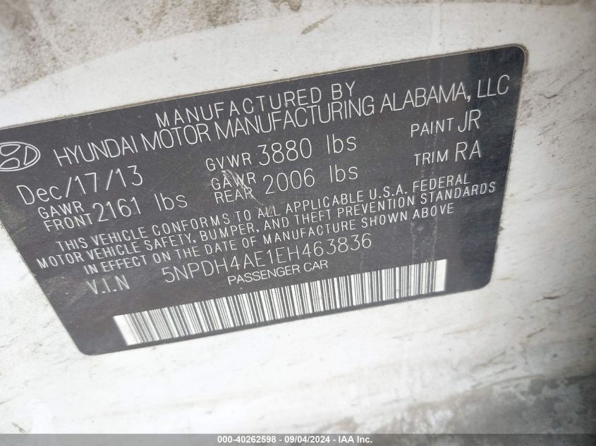 5NPDH4AE1EH463836 2014 Hyundai Elantra Se